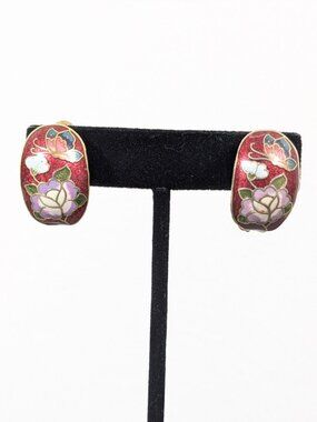 Vintage Red Cloisonne Butterfly Flower Huggie Drop Clip On Earrings Semi‎ Hoop